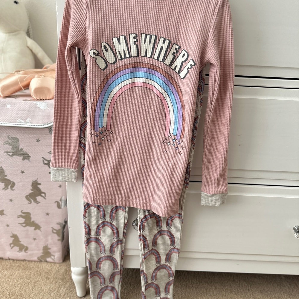SOLD ON XP Cotton On Pink and White Pajama Set Rainbow Design Size 7